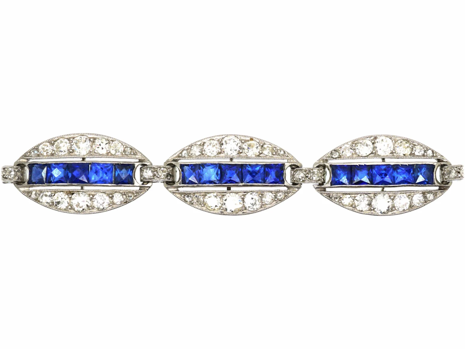 French Art Deco 18ct White Gold & Platinum, Diamond & Unheated Sapphire Elliptical Design Bracelet By Edouard Caen 3 French Art Deco 18ct White Gold & Platinum, Diamond & Unheated Sapphire Elliptical Design Bracelet By Edouard Caen