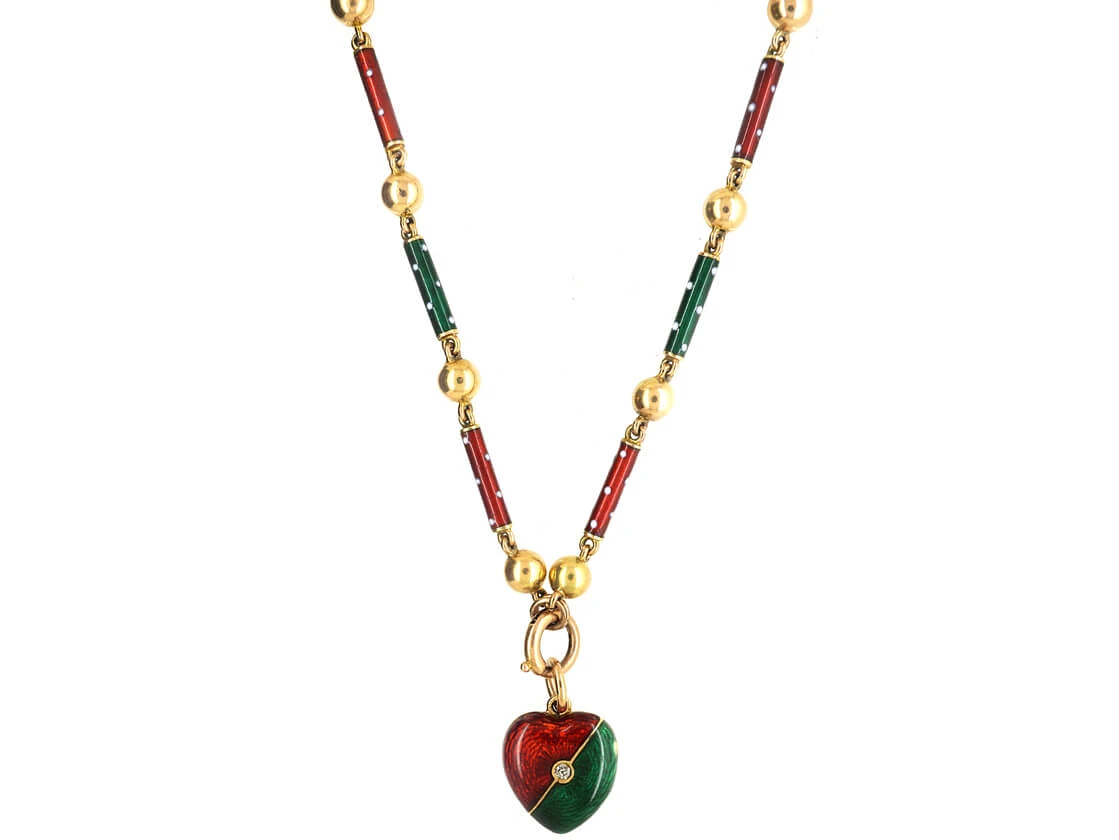 Edwardian 15ct Gold, Green & Red Enamel Heart Locket Set With A Diamond On Matching 15ct Gold Green & Red Enamel Chain 5 Edwardian 15ct Gold, Green & Red Enamel Heart Locket Set With A Diamond On Matching 15ct Gold Green & Red Enamel Chain - Image 3