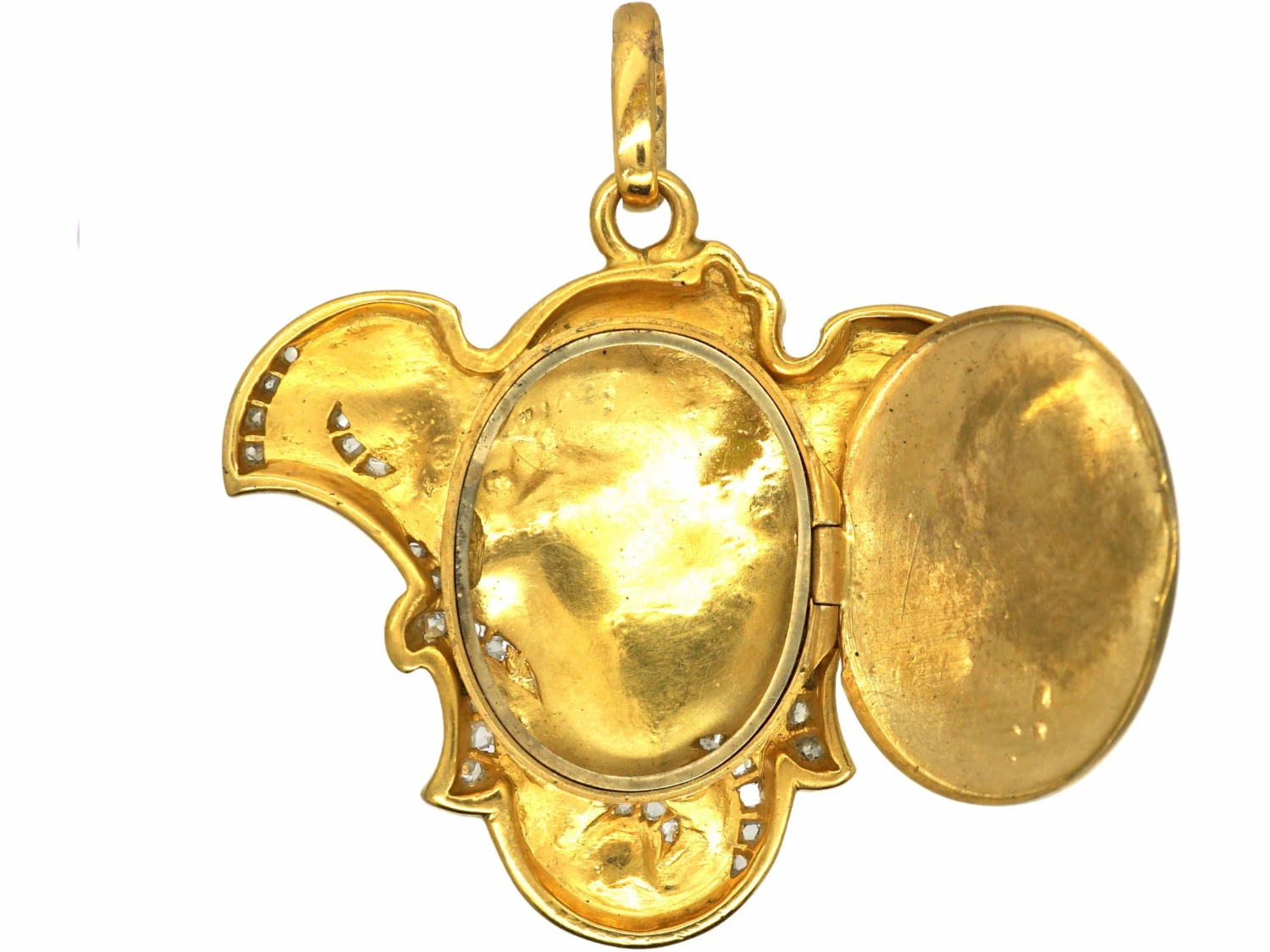 Art Nouveau 18ct Gold & Rose Diamond Pendant Of A Lady With Locket On Reverse 4 Art Nouveau 18ct Gold & Rose Diamond Pendant Of A Lady With Locket On Reverse - Image 2